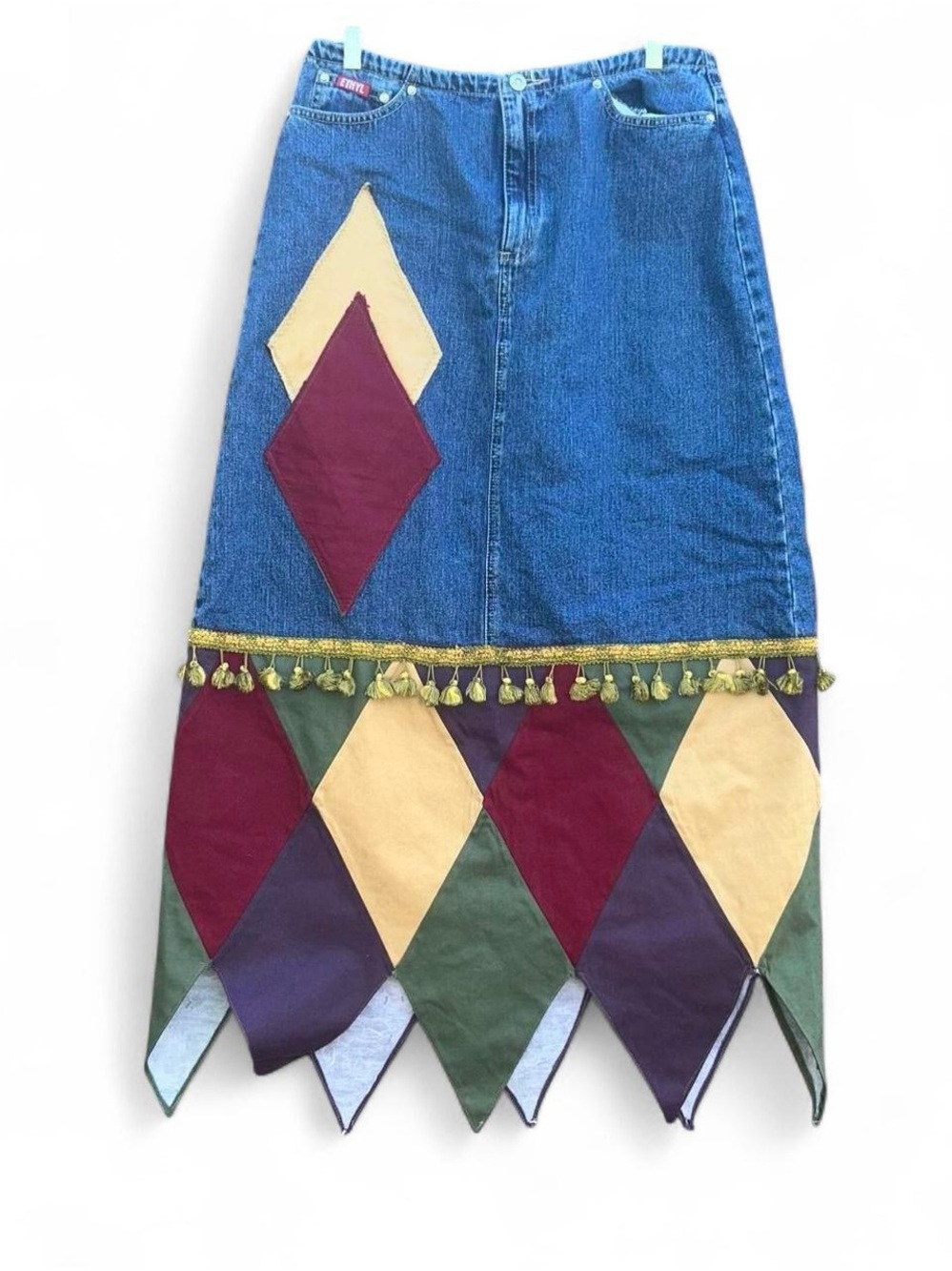 Ethyl Vintage Patchwork Denim Skirt with Tassel Trim - Blue